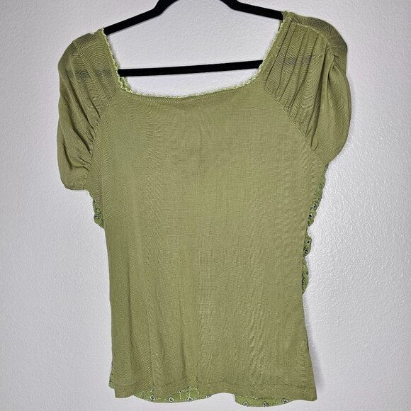VTG Y2K  Medium Green Top Ruched Sheer Sleeve Crochet Floral Lace Fairy Grunge - Picture 5 of 5